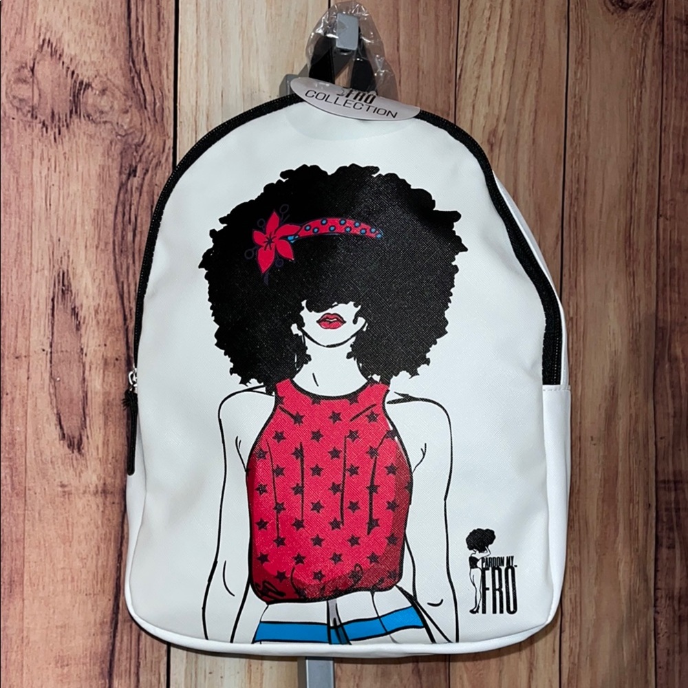 Pardon my fro brand White and Red Backpack